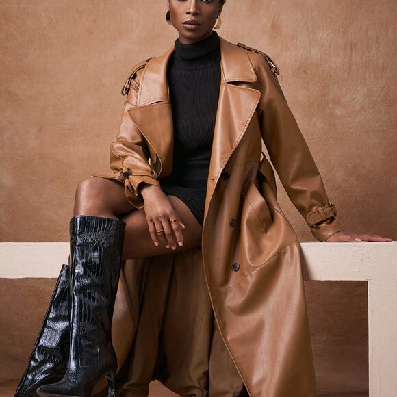 Brown Elegant Women's Long Trench Coat With Pockets - Picture 5 of 8